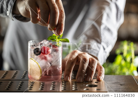 Professional barman decorated gin tonic cocktail drink and decorated it with mint herbs 111164830