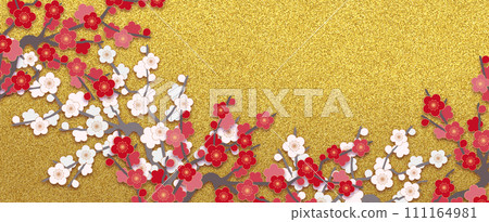 Japanese style red and white plum blossom background, background gold Japanese style red and white plum blossom background, background gold 111164981