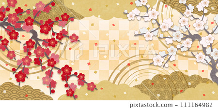 Japanese style red and white plum blossom background, background orange Japanese style red and white plum blossom background, background orange 111164982