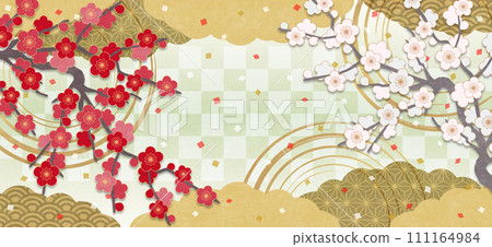 Japanese style red and white plum blossom background, background green Japanese style red and white plum blossom background, background green 111164984