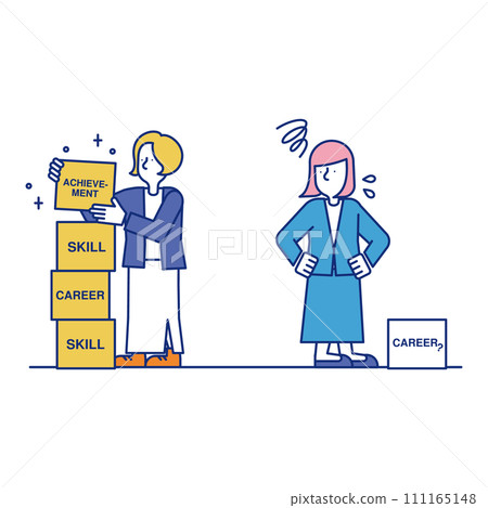 A female businessperson worries about her career while looking at talented people. A female businessperson worries about her career while looking at talented people. 111165148