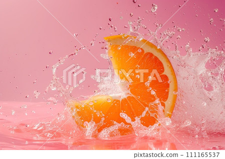 Fresh slice orange falling in water. Pink Background 111165537