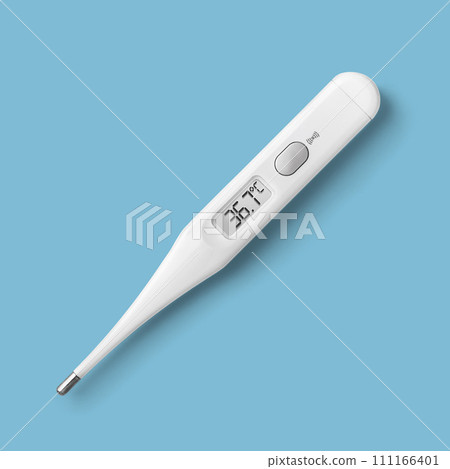 Electronic medical thermometer on blue background 111166401