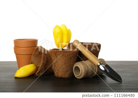 PNG, Flower pots, flower, twine and gardening tool on wooden table, isolated on white background 111166480