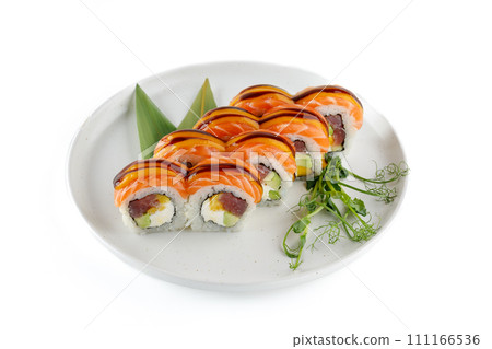 delicious rolls with salmon on a white background studio shooting 2 111166536