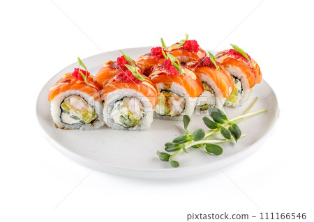 European roll with salmon and shrimp on a white background studio shooting 1 European roll with salmon and shrimp on a white background studio shooting 1 111166546