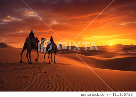 Herd of camel riders crossing the great desert Herd of camel riders crossing the great desert 111166726