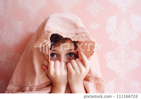 Portrait Little scared or crying or playing bo-peep girl hiding face 111166728