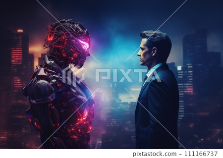 The face of a business people and a robot opposite each other look into the eyes, versus concept 111166737