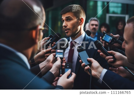 Professional Media interview hand a hold microphone after a press conference Professional Media interview hand a hold microphone after a press conference 111166765