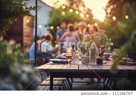 Happy friends having fun outdoor. Group of friends having backyard dinner party together Happy friends having fun outdoor. Group of friends having backyard dinner party together 111166767