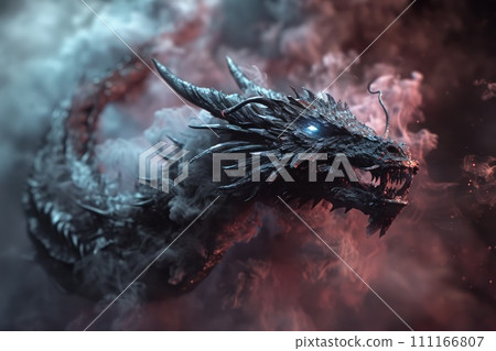 Image of dragon with colourful smoke on black background. Mythical creatures. Illustration Image of dragon with colourful smoke on black background. Mythical creatures. Illustration 111166807