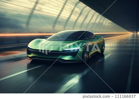 Showcase the futuristic power of a light green and black electric car speeding down a sleek highway Showcase the futuristic power of a light green and black electric car speeding down a sleek highway 111166837