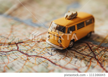Small van car model on the map paper, concept travel, road trip, Planning the route to fun Small van car model on the map paper, concept travel, road trip, Planning the route to fun 111166843