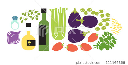Vegetable stew, saute or caponata fresh raw ingredients set. Flat vector illustration isolated on white background. Vegetable stew, saute or caponata fresh raw ingredients set. Flat vector illustration isolated on white background. 111166866