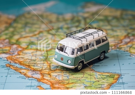 Photo of Small van car model on the map paper Photo of Small van car model on the map paper 111166868