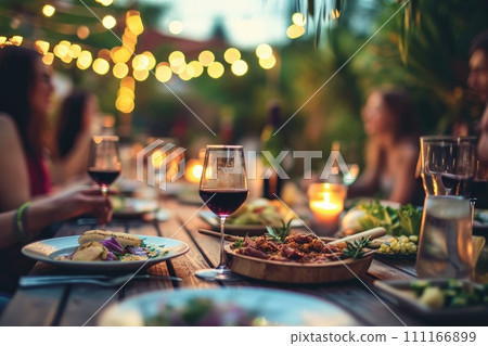 Happy friends having fun outdoor. Group of friends having backyard dinner party Happy friends having fun outdoor. Group of friends having backyard dinner party 111166899