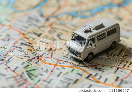 Small van car model on the map paper, concept travel, road trip, Planning the route to fun Small van car model on the map paper, concept travel, road trip, Planning the route to fun 111166907