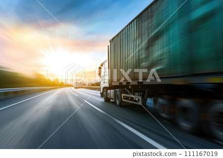 Truck with container on highway, cargo transportation concept. Fast delivery, blurred motion 111167019