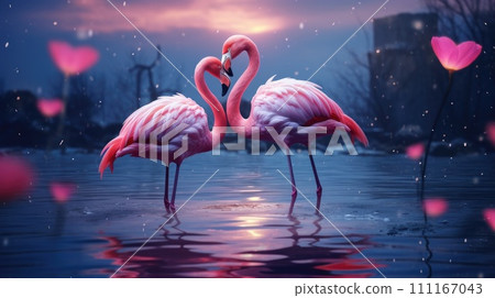 Couple of cute flamingo on fantasy aesthetic valentines scenery background Couple of cute flamingo on fantasy aesthetic valentines scenery background 111167043