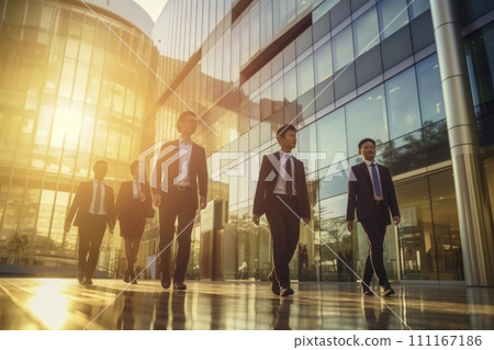 Group of business people walking outside in front of office building with blurred background Group of business people walking outside in front of office building with blurred background 111167186