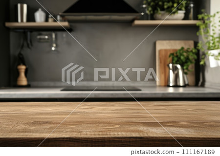Empty counter table top for product display in modern kitchen interior Empty counter table top for product display in modern kitchen interior 111167189