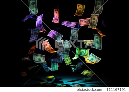 dollar bills falling with Neon colorful background dollar bills falling with Neon colorful background 111167191