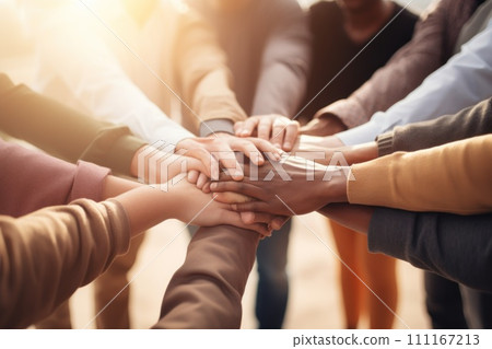 No room for racism, Many hands of different races and ethnicities. United for equality 111167213