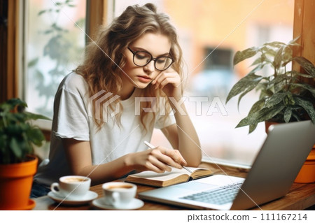 A photography of young woman work on computer at daytime 111167214