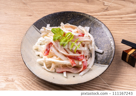 Radish and crab stick with mayonnaise Radish and crab stick with mayonnaise 111167243