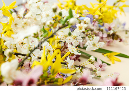 Spring flowers on a light background, top view. Spring flowers on a light background, top view. 111167423