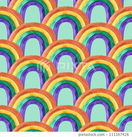 Watercolor nursery seamless pattern. Hand painted cute boho rainbow, eucalyptus green color isolated on white background. Children illustration for design, print, background Watercolor nursery seamless pattern. Hand painted cute boho rainbow, eucalyptus green color isolated on white background. Children illustration for design, print, background 111167426