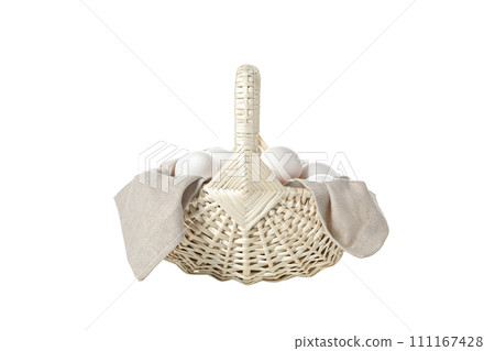 PNG, eggs in a wicker basket with handles, isolated on white background. 111167428