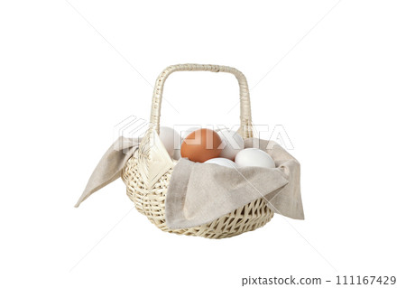 PNG, eggs in a wicker basket with handles, isolated on white background. 111167429