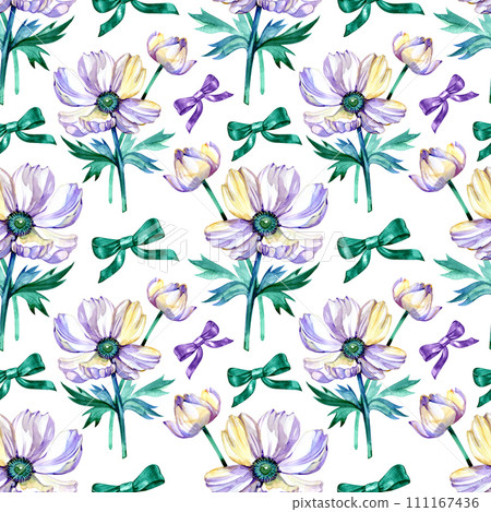 Beautiful anemone flower with green leaves. Seamless floral pattern. Watercolor painting. Hand drawn and painted illustration. Fabric, wallpaper, bed linen design. 111167436