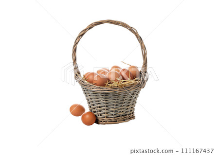 PNG, eggs in a wicker basket with handles, isolated on white background. 111167437