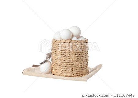 PNG, eggs in a round basket, isolated on white background. 111167442