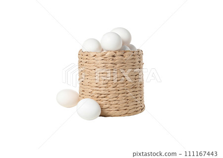 PNG, eggs in a round basket, isolated on white background. 111167443