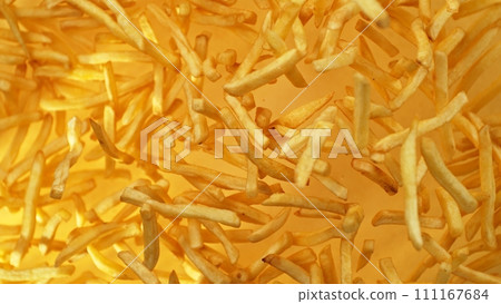 Flying French Fries up in the Air. Fast Food Concept with Flying Food. Flying French Fries up in the Air. Fast Food Concept with Flying Food. 111167684