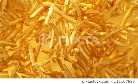 Flying French Fries up in the Air. Fast Food Concept with Flying Food. 111167686