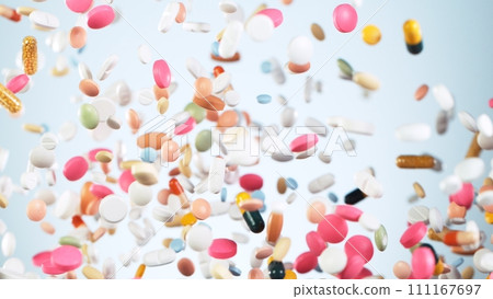 Flying Pills Tablet Capsules Isolated on White Background. Medical Concept, Health and Disease. Medical Drug Addiction. Flying Pills Tablet Capsules Isolated on White Background. Medical Concept, Health and Disease. Medical Drug Addiction. 111167697