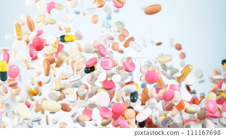 Flying Pills Tablet Capsules Isolated on White Background. Medical Concept, Health and Disease. Medical Drug Addiction. Flying Pills Tablet Capsules Isolated on White Background. Medical Concept, Health and Disease. Medical Drug Addiction. 111167698