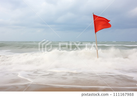 Red warning flag on beach with stormy sea waves and cloudy sky background. Copy space, AI Generative 111167988
