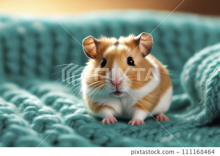Close up hamster resting on sofa under knitted blanket. 111168464