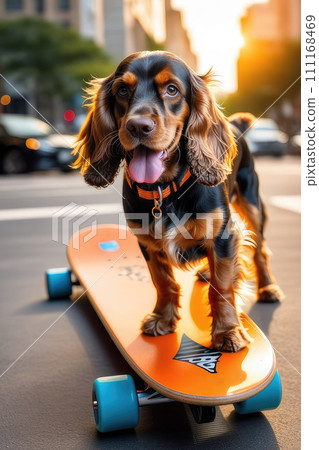 Happy English cocker spaniel dog riding on the orange skateboard in the city street. 111168469