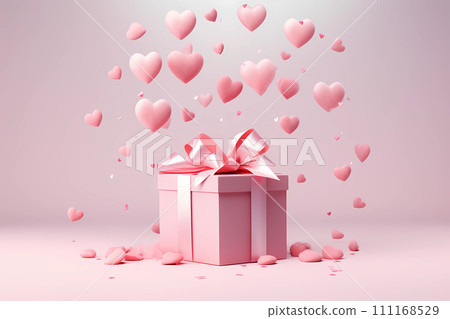 Festive background with gift box and flying hearts. Closed box tied with silk ribbon. Gift pink card for wedding and valentine's day Festive background with gift box and flying hearts. Closed box tied with silk ribbon. Gift pink card for wedding and valentine's day 111168529