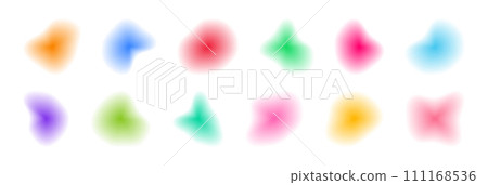 Gradient blur blob shapes. Colored figures with a smooth gradation from bright to transparent. Pack of isolated vector elements on a white background. Gradient blur blob shapes. Colored figures with a smooth gradation from bright to transparent. Pack of isolated vector elements on a white background. 111168536