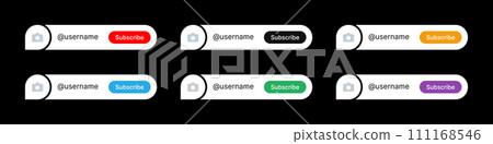 Lower third bar for social media. Template with a button with space for an icon or photo and text. Used for channels, blogs and TV. Pack of vector designs on a black background. Lower third bar for social media. Template with a button with space for an icon or photo and text. Used for channels, blogs and TV. Pack of vector designs on a black background. 111168546