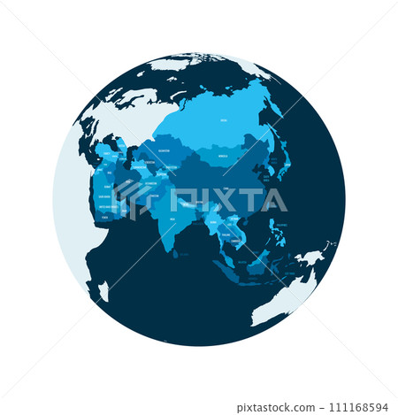 Political map of Asia. Blue colored land with country name labels on white background. Ortographic projection. Vector illustration Political map of Asia. Blue colored land with country name labels on white background. Ortographic projection. Vector illustration 111168594