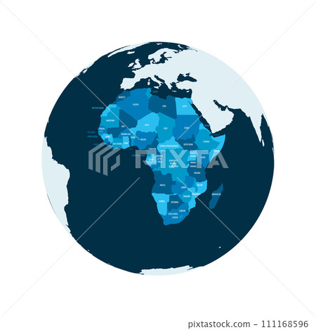 Political map of Africa. Blue colored land with country name labels on white background. Ortographic projection. Vector illustration Political map of Africa. Blue colored land with country name labels on white background. Ortographic projection. Vector illustration 111168596